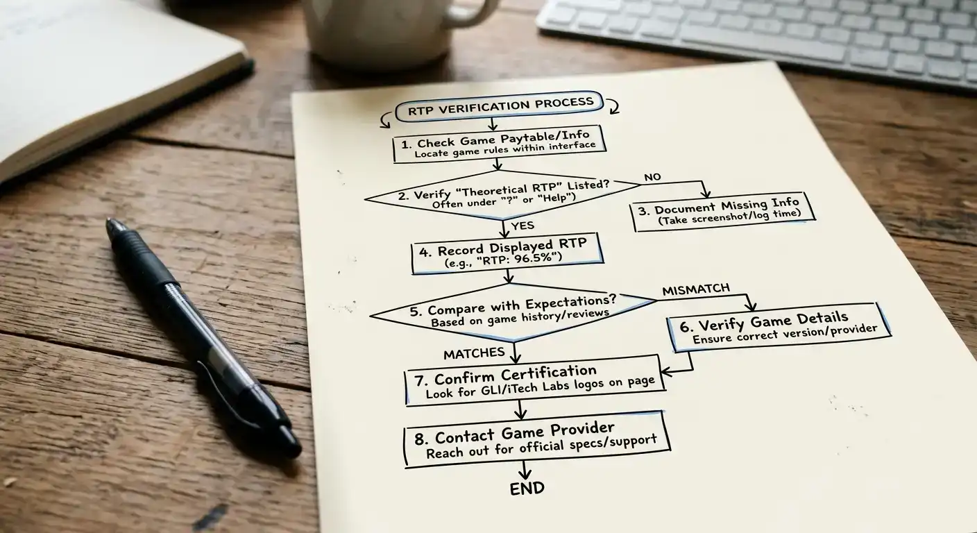 Flowchart showing practical RTP verification steps from paytable to provider documentation