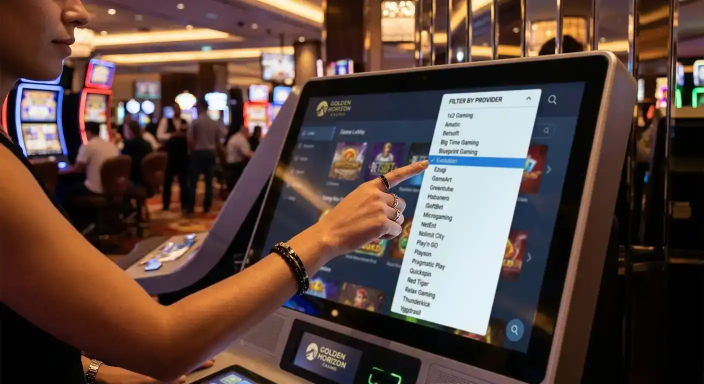 Casino lobby provider filter dropdown showing game studio selection for catalogue browsing