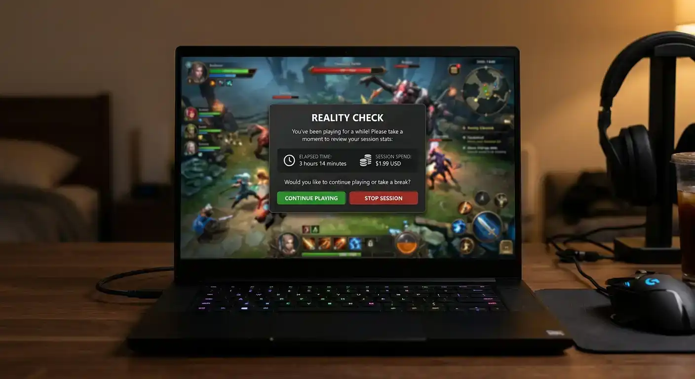 Reality check popup notification showing elapsed session time and net spend during gameplay