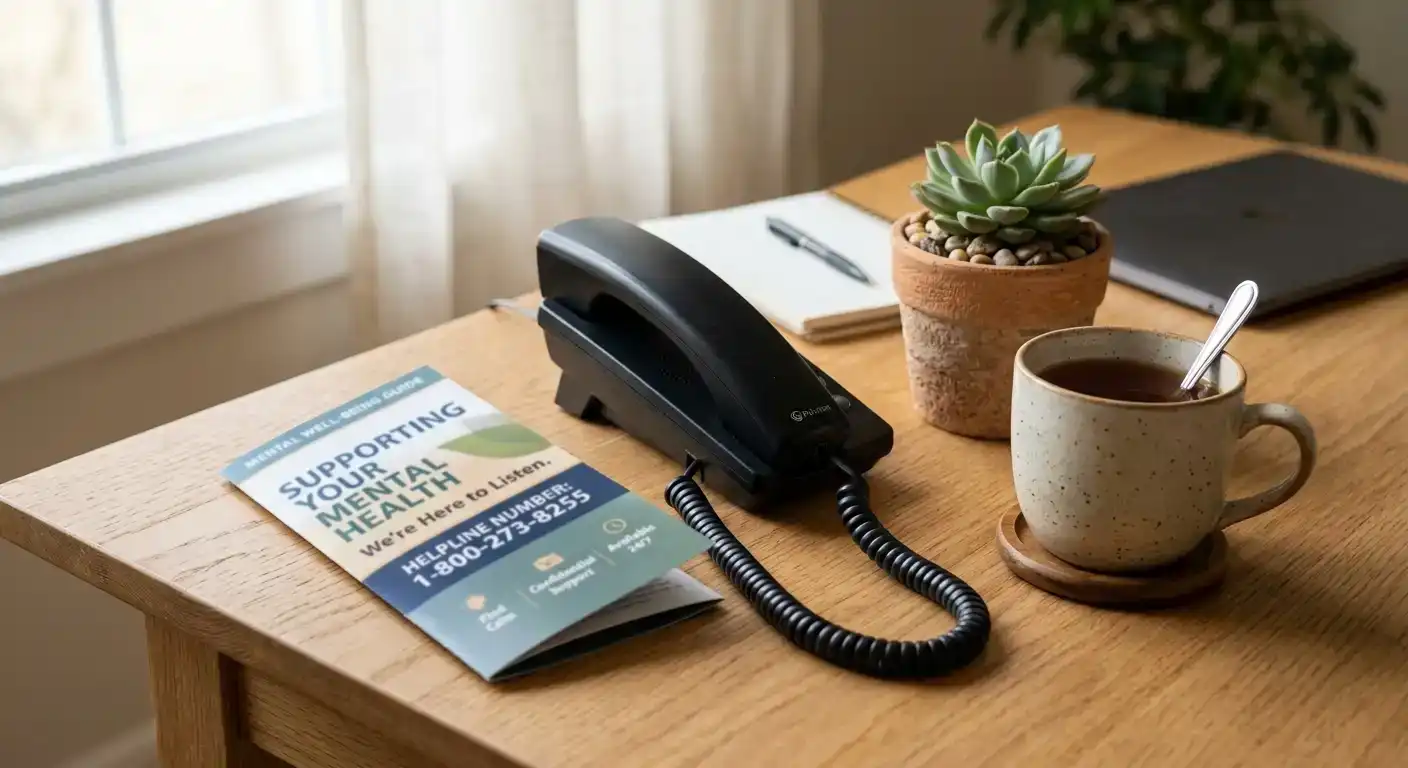 Person at a desk with a phone and printed responsible gambling resources including helpline information