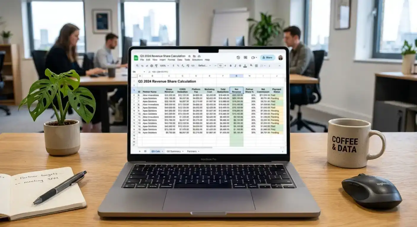 Spreadsheet showing revenue share calculation with platform fees and deductions