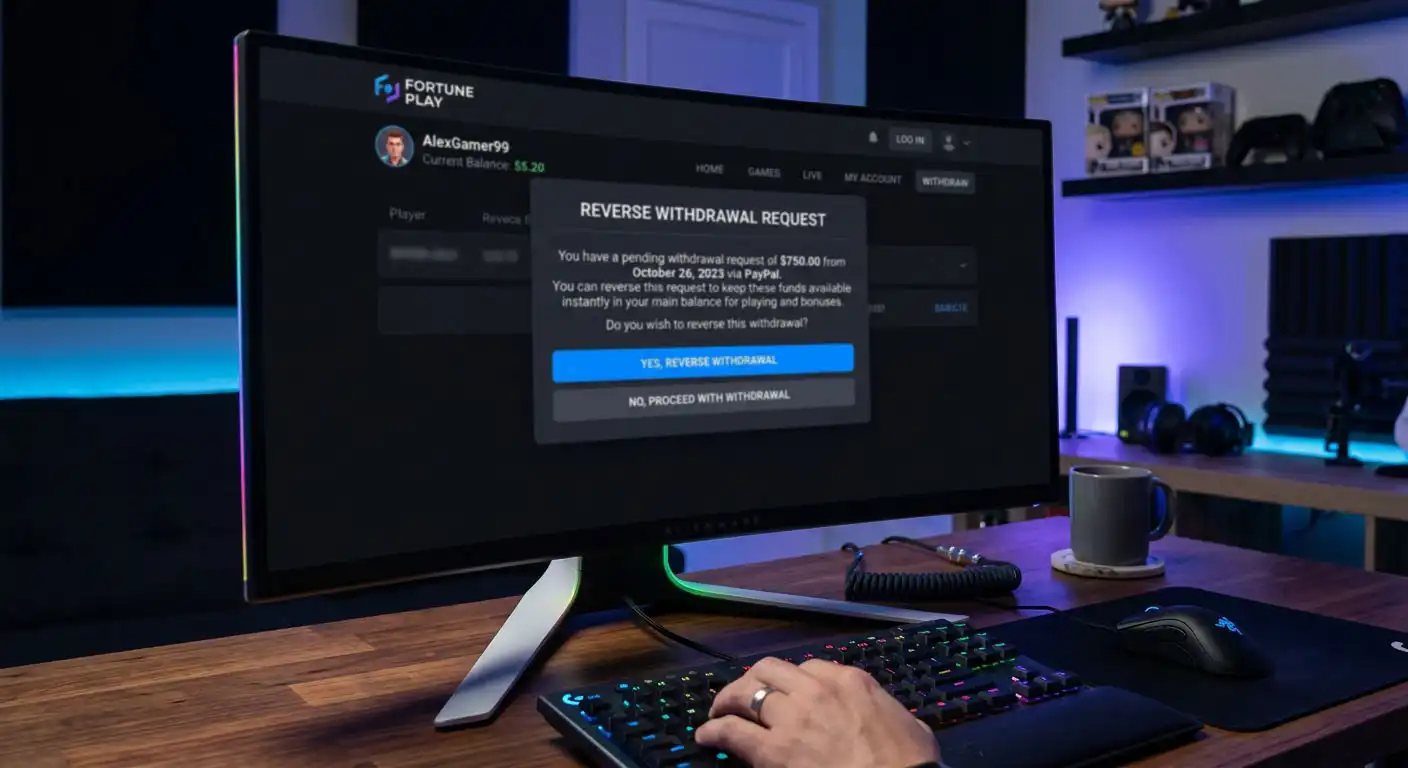 Reverse withdrawal window notification allowing player to cancel pending withdrawal request