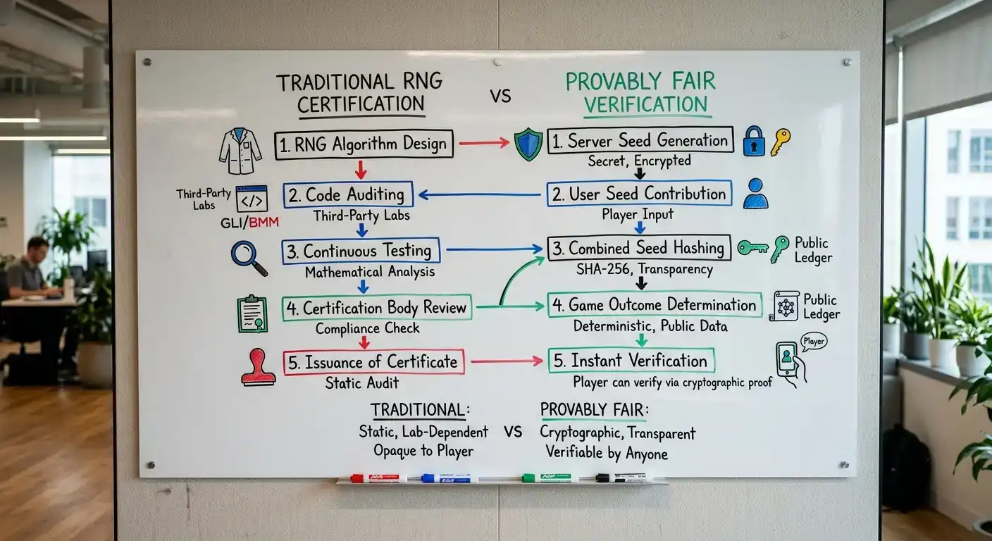 Diagram comparing traditional RNG certification with provably fair verification