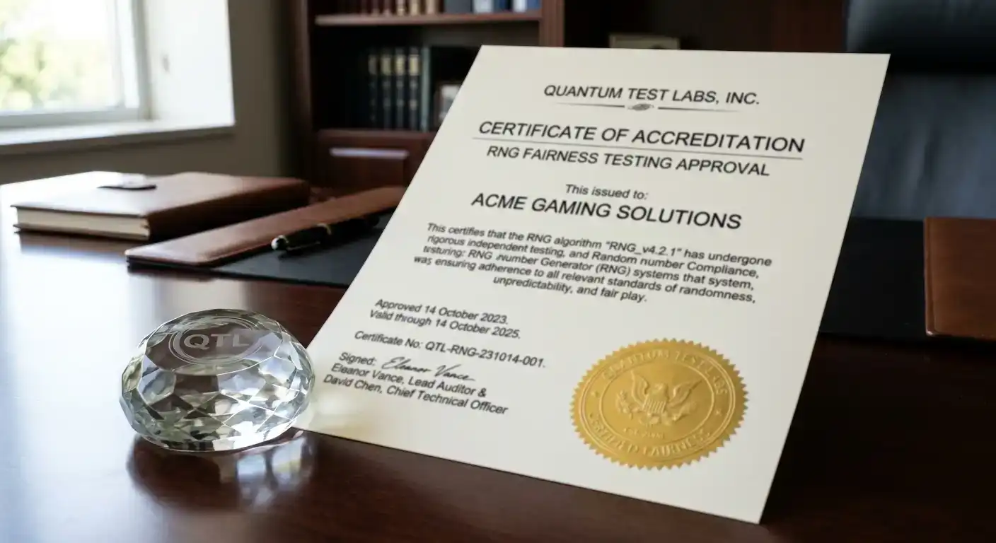 Random number generator certification document from independent testing lab