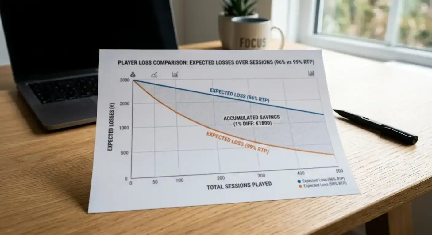 Chart showing expected loss difference between 96 percent and 94 percent RTP over sessions