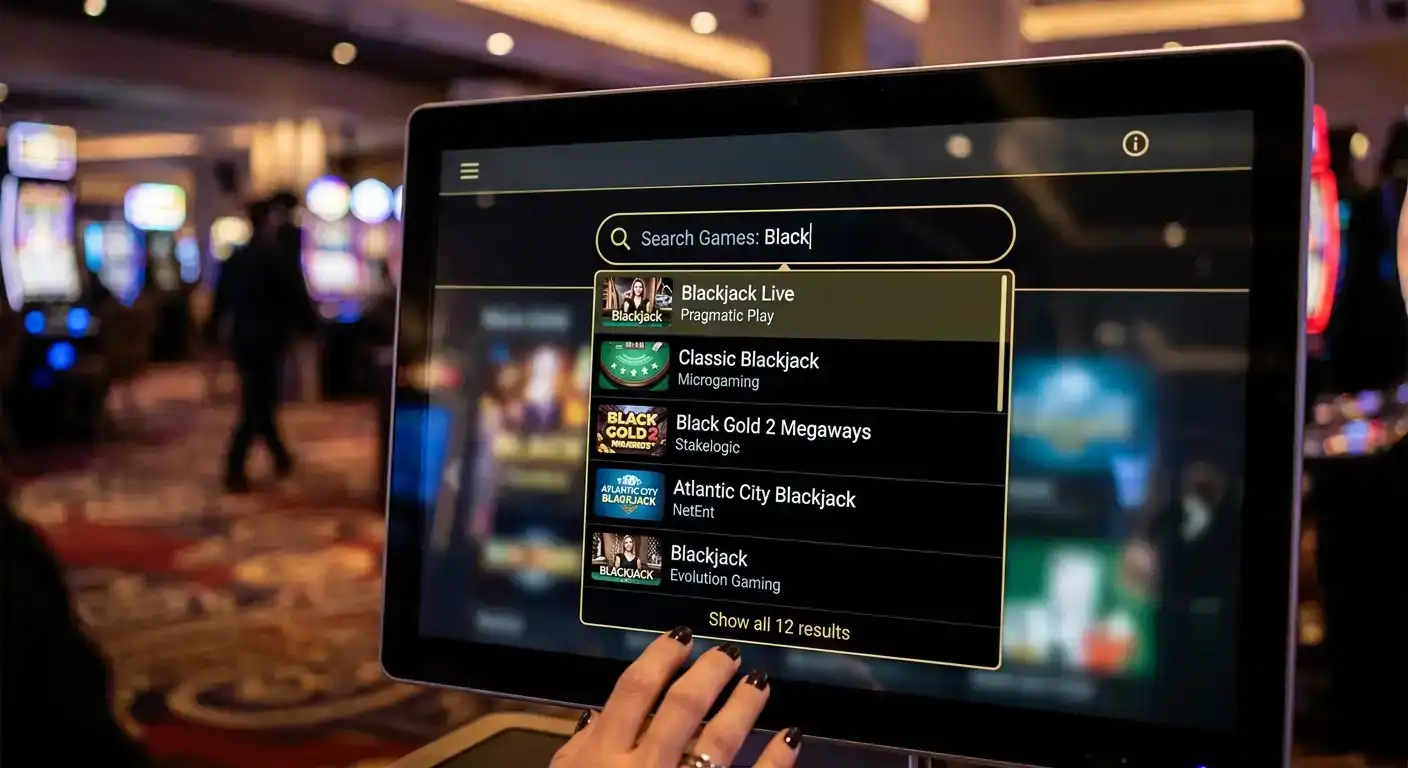 Casino search bar showing partial game name query with matching results displayed