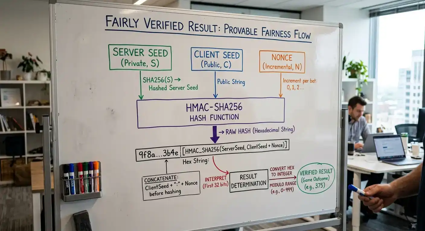 Diagram showing cryptographic seed and hash verification process for provably fair gaming