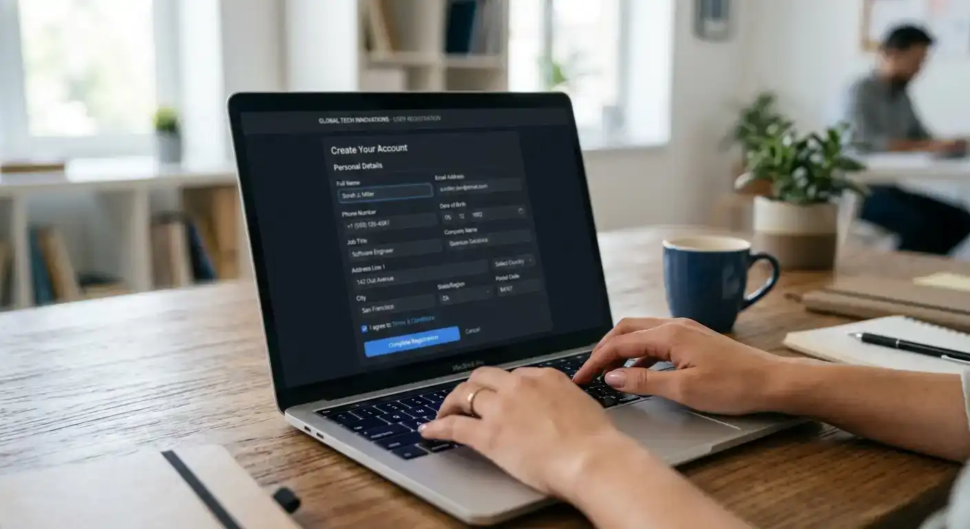 Casino registration form with personal information fields on laptop screen