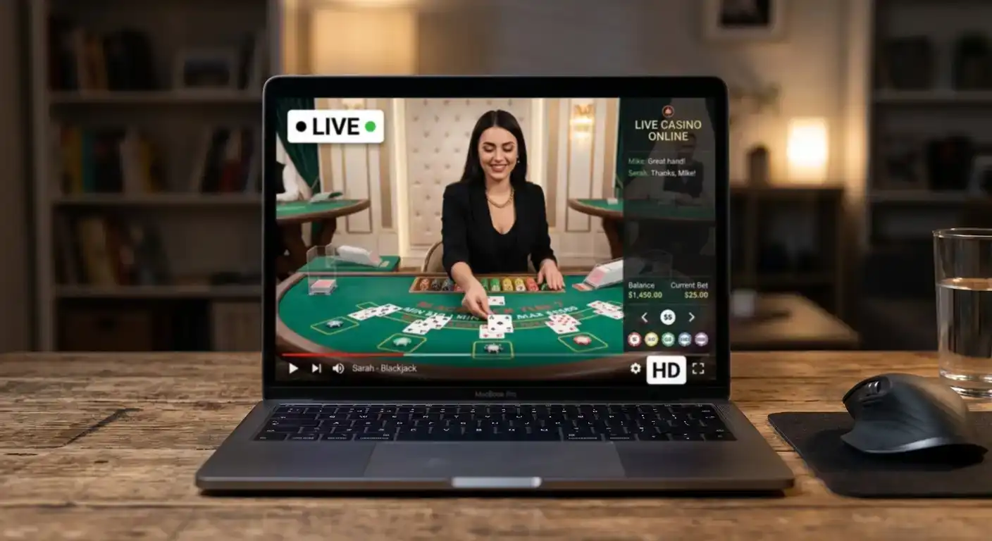 Video stream quality indicator showing HD resolution on live casino feed