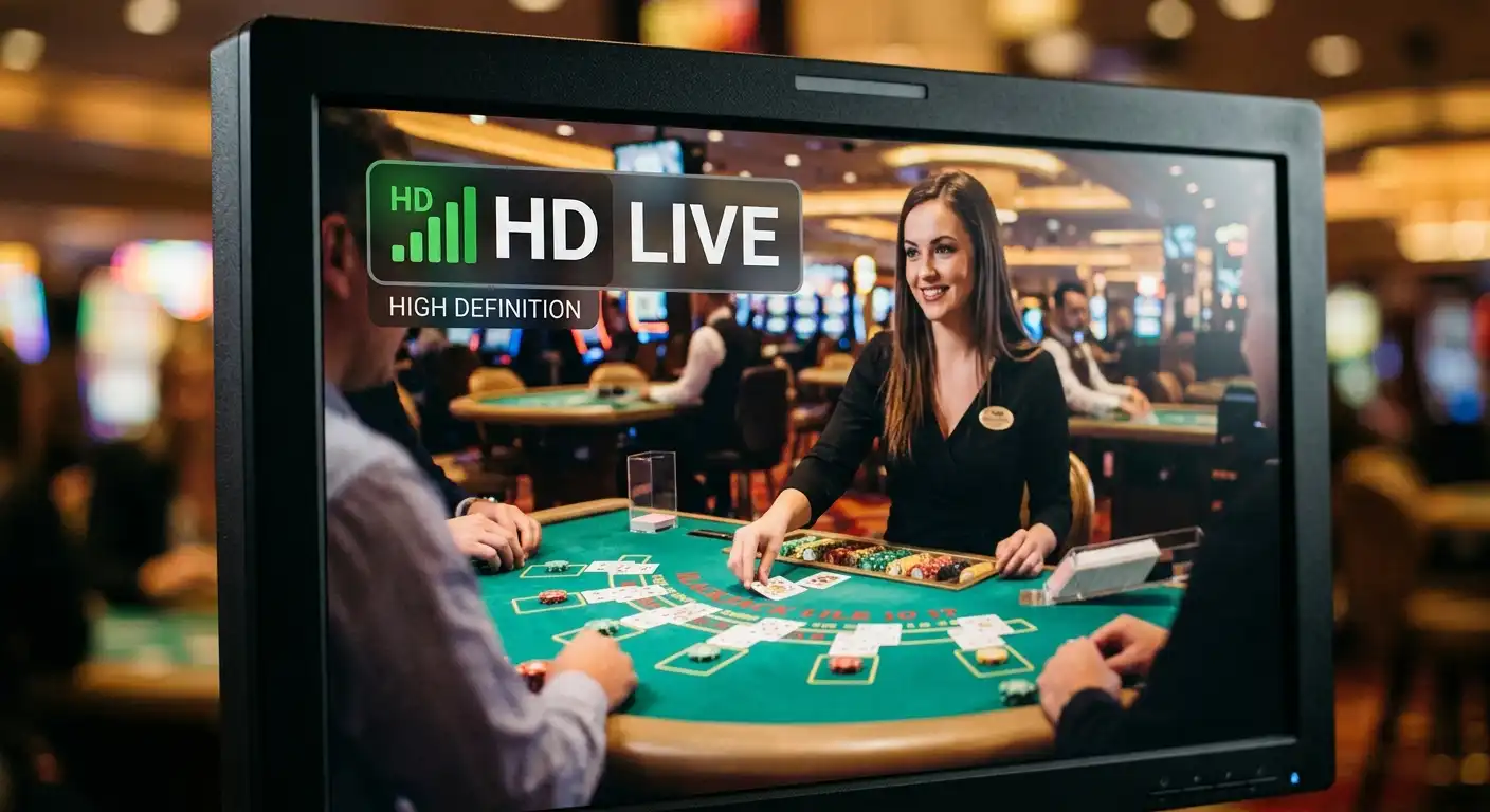 Video stream quality indicator showing HD resolution on live casino feed