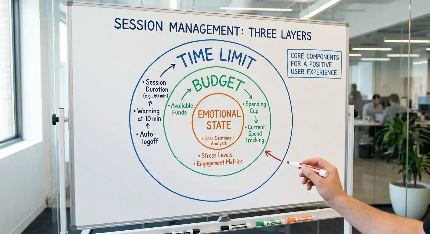 Diagram showing three-layer session management framework with alerts limits and external tools