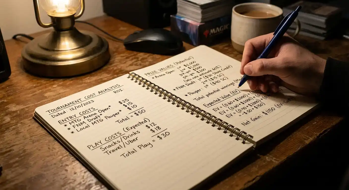 Notepad calculating real cost of tournament participation including expected house edge