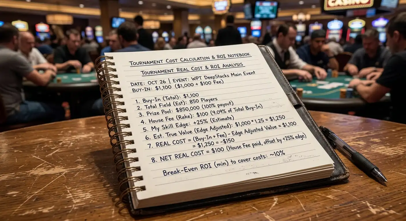 Notepad calculating real cost of tournament participation including expected house edge