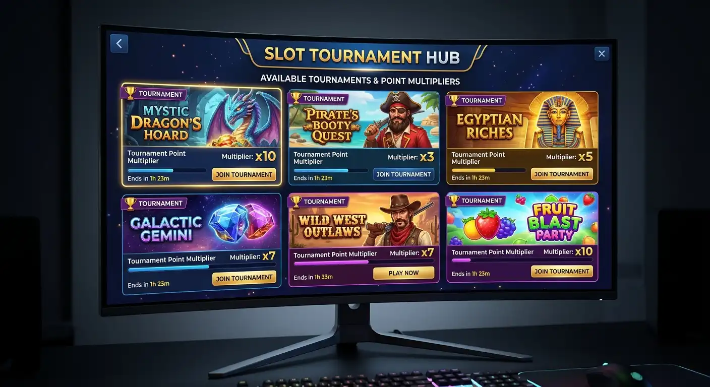 Slot game selection screen highlighting tournament-eligible titles with scoring multipliers