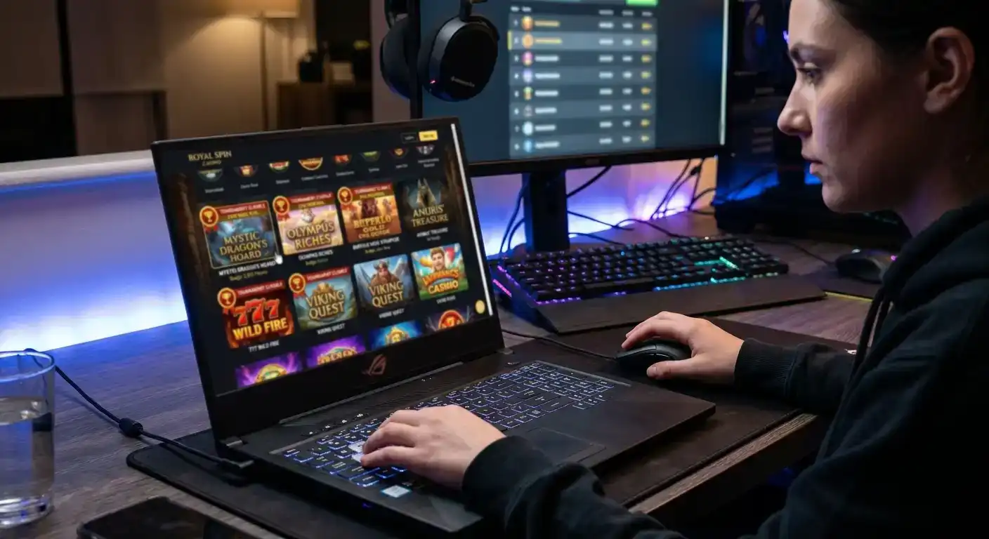 Slot game selection screen highlighting tournament-eligible titles with scoring multipliers
