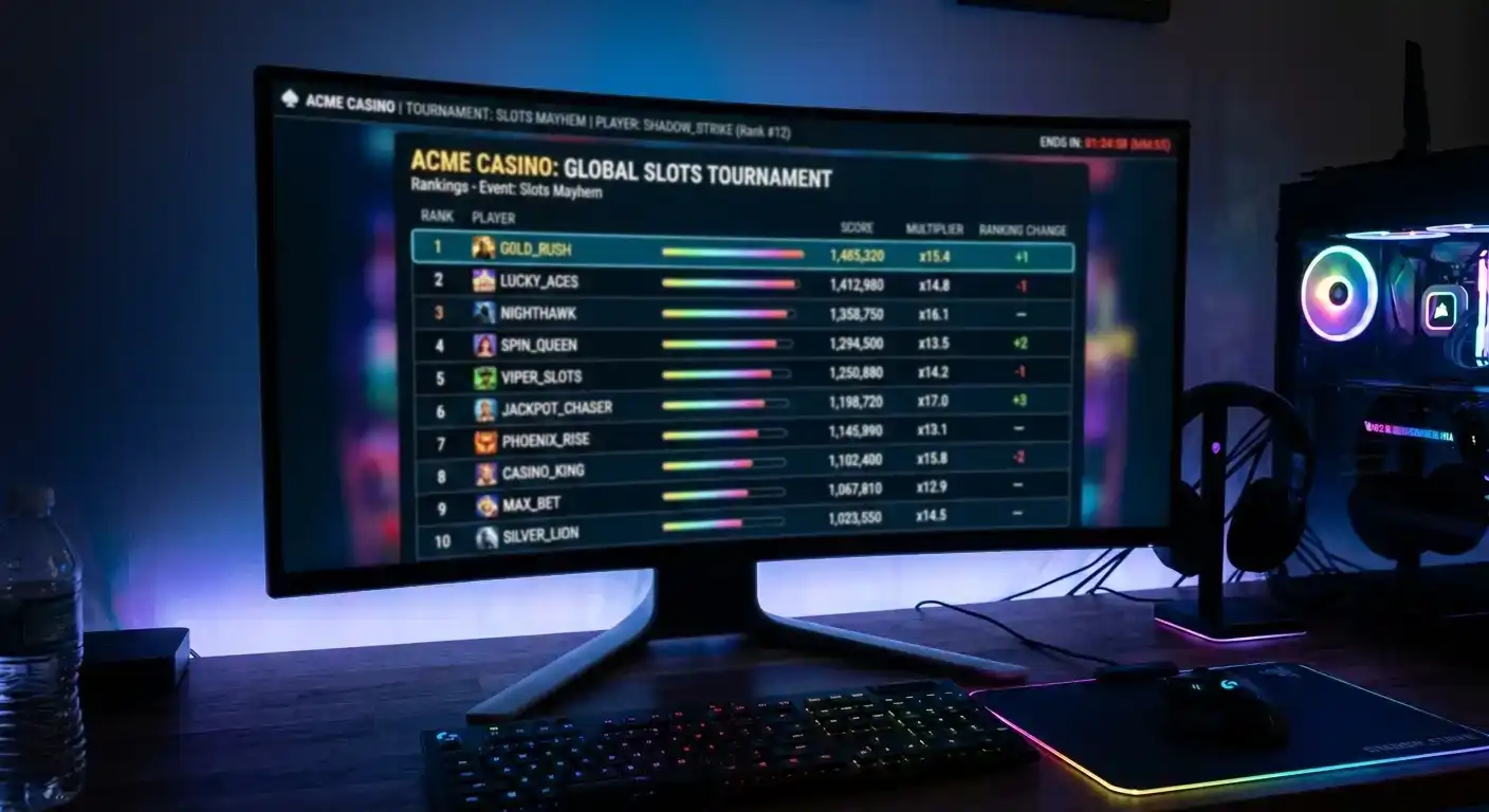 Casino tournament leaderboard showing player scores multiplier rankings and time remaining