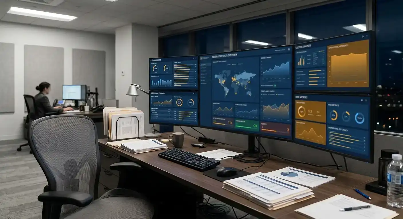 Official regulatory office with compliance monitoring screens showing website enforcement data