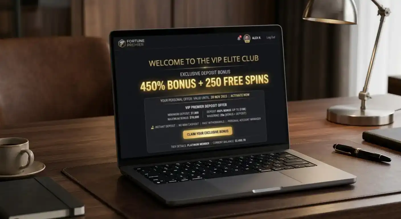 Personalised VIP bonus offer screen with exclusive deposit match and cashback percentage