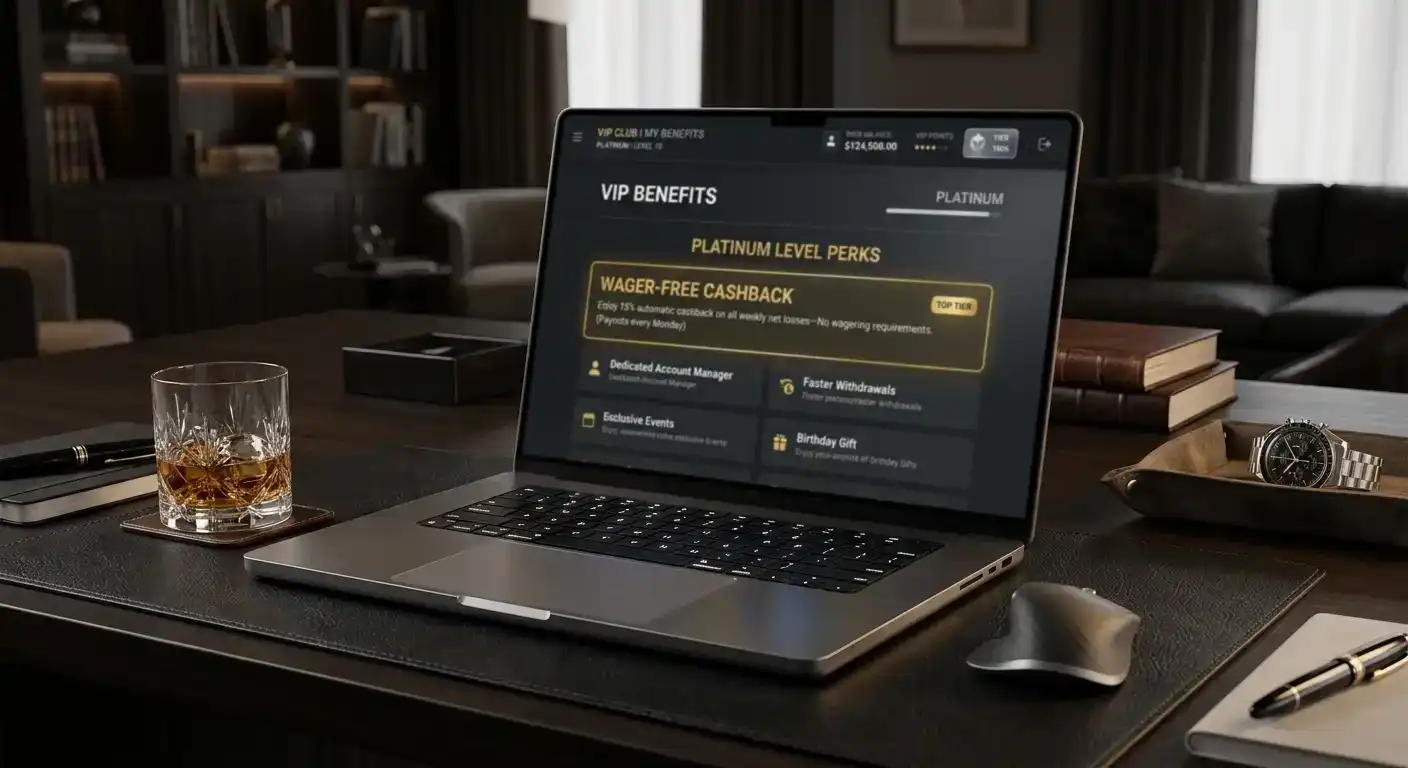High-tier VIP benefits list highlighting wager-free cashback as premium reward