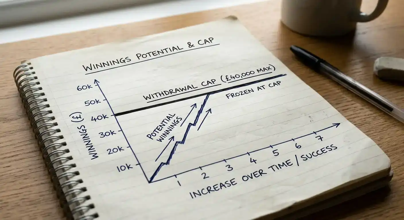 Maximum withdrawal cap illustration showing profit ceiling on no-deposit bonus winnings