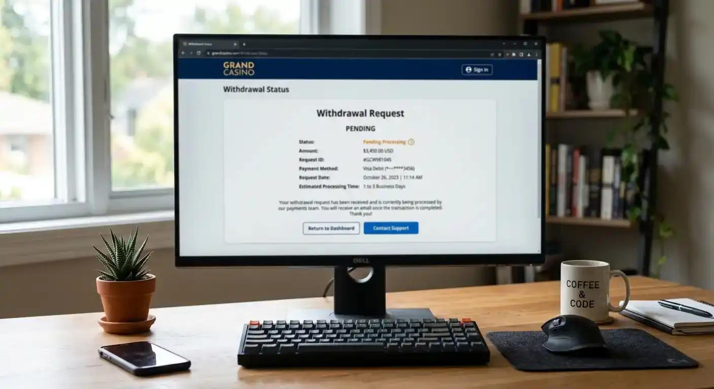 Casino withdrawal request screen showing pending status and estimated timeframe