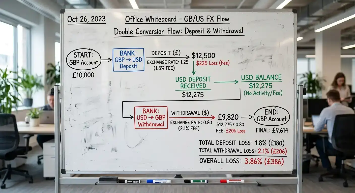 Withdrawal currency conversion showing GBP to USD to GBP double conversion loss example